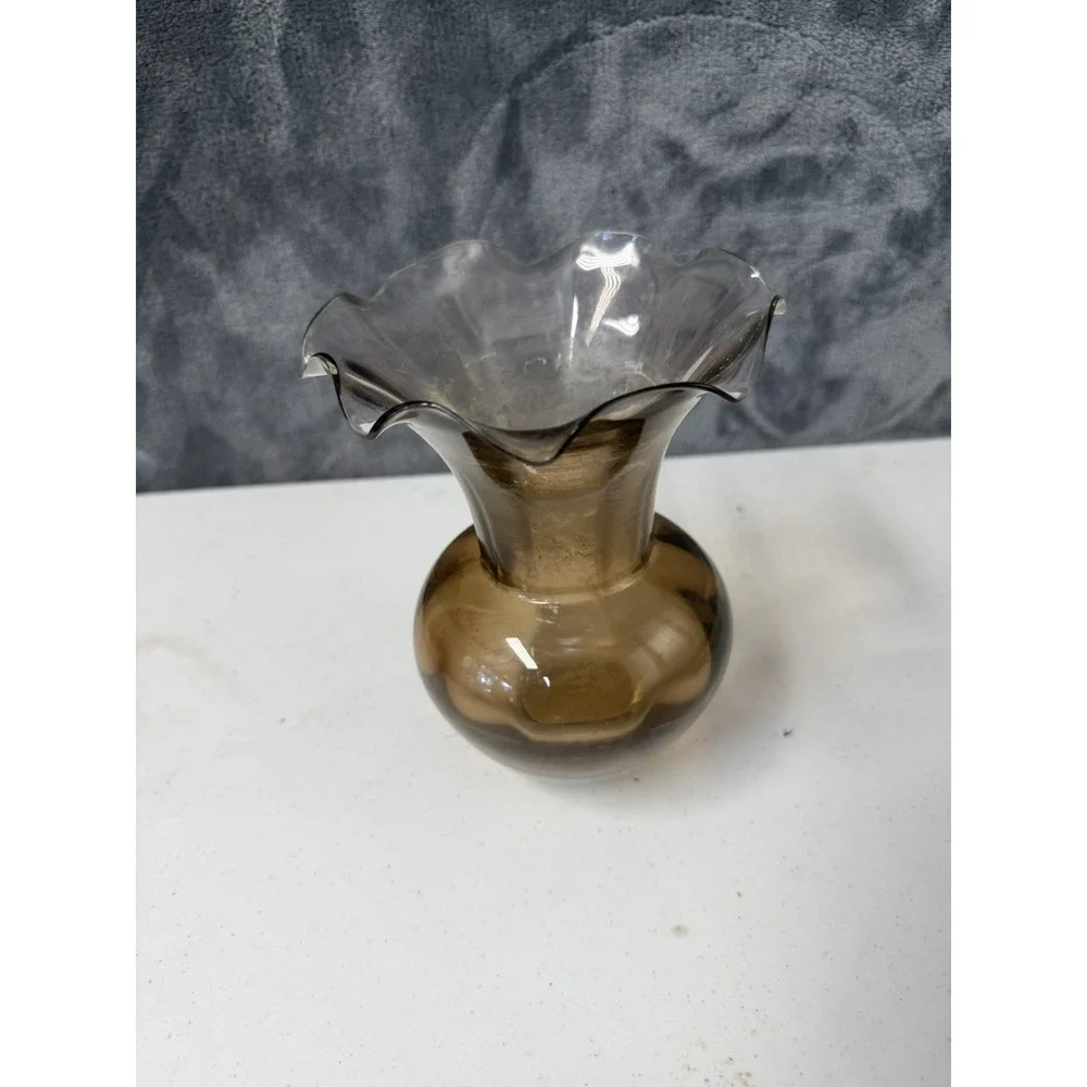 Vintage Mid-Century Smoked Gray Blown Glass Vase with Ruffled Rim